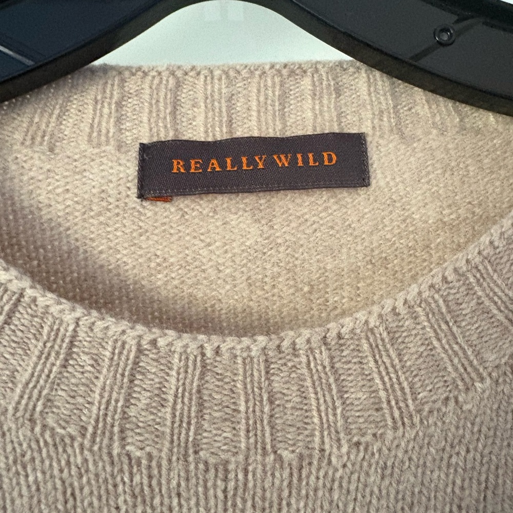 Really Wild Striped Tan and Blue Women's Crew Neck Sweater - Picture 3 of 3